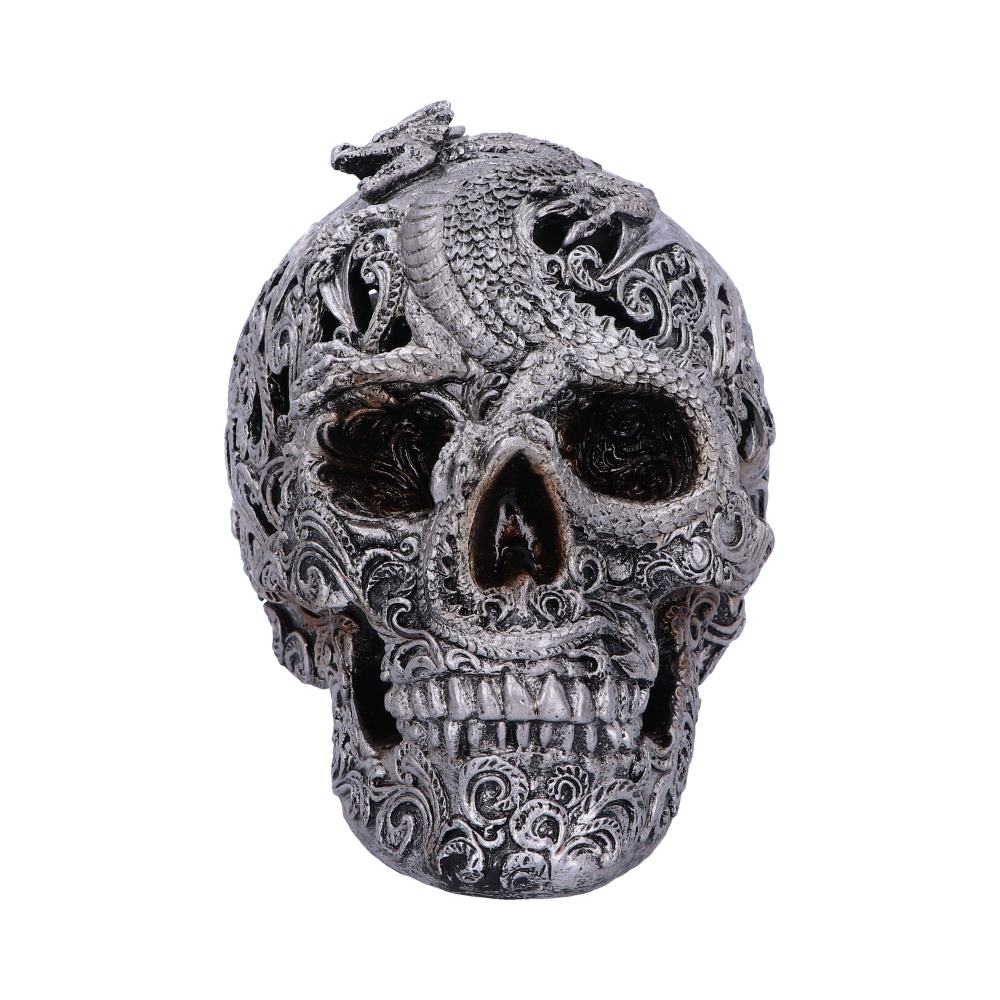 Silver Cranial Drakos Engraved Dragon Skull Ornament Figurines Medium (15-29cm)