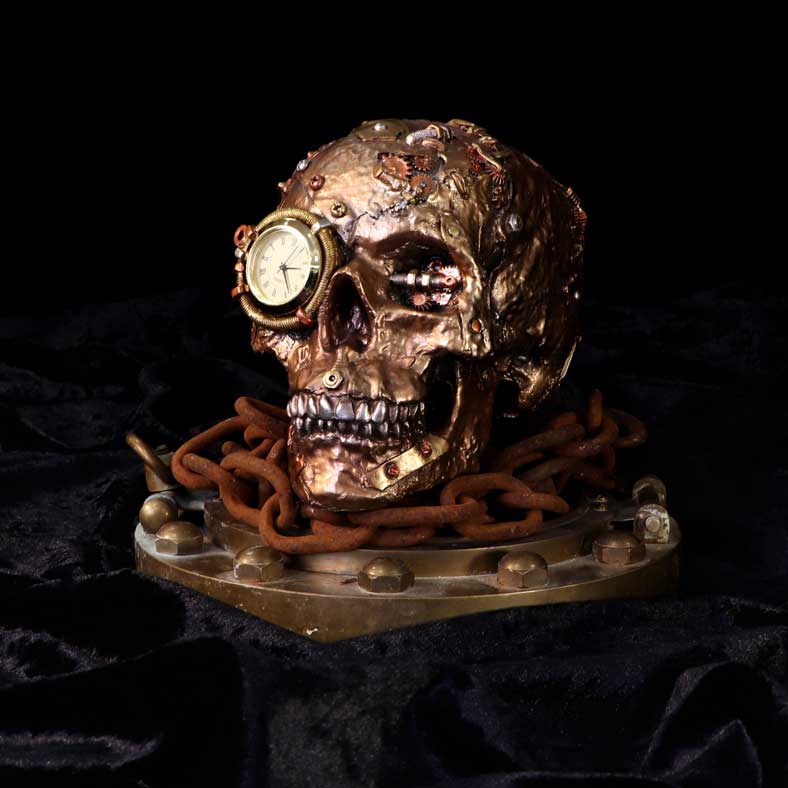 Bronze Scrapped Skull Steampunk Scrap Skeleton Figurine Clocks 9