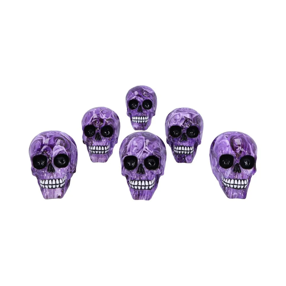 Set of 6 Purple Romance Rose Print Skull Ornaments Figurines Small (Under 15cm)