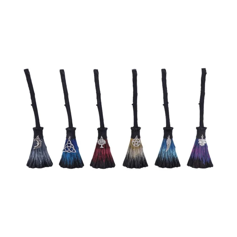 Set of Six Positivity Witches Broomsticks with Silver Charms Figurines Medium (15-29cm)