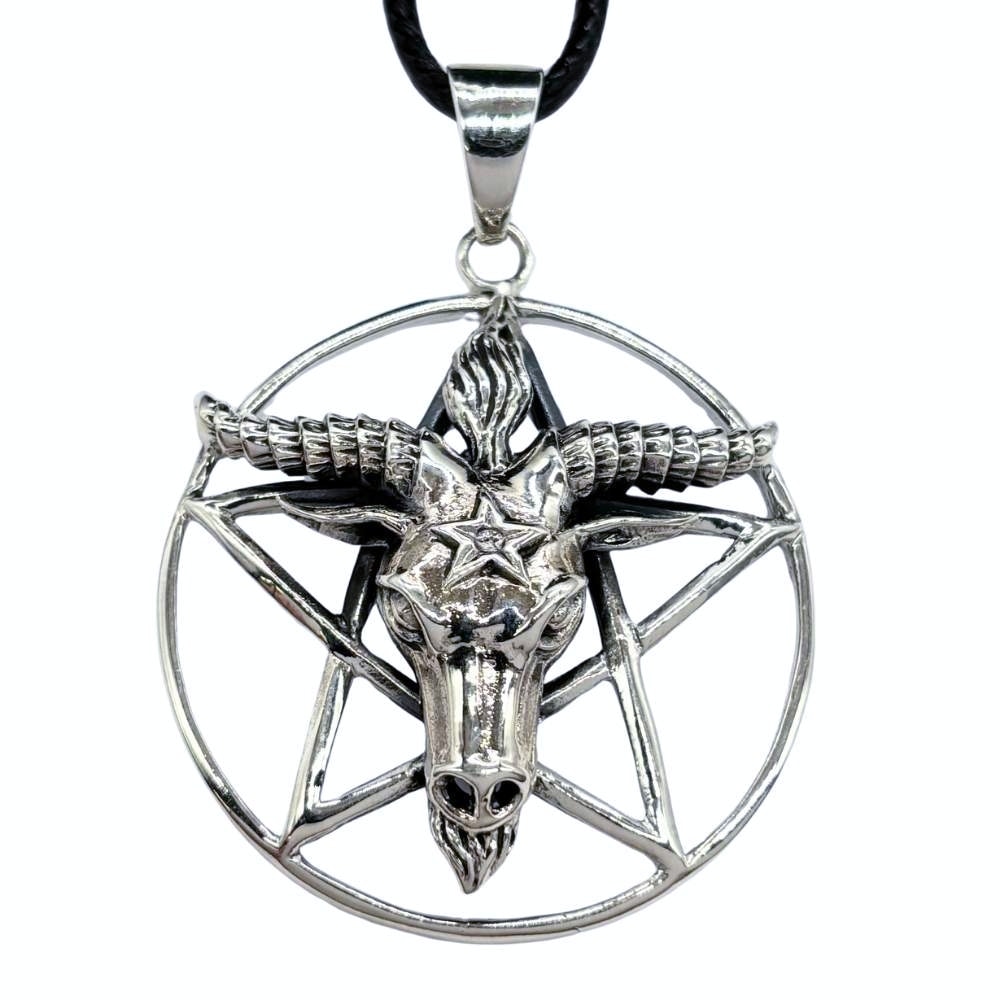 925 Sterling Silver Baphomet Pentagram Pendant And Cord Necklace 38mm Gifts & Games 925 Sterling Silver Baphomet Pentagram Pendant And Cord Necklace 38mm Gifts & Games